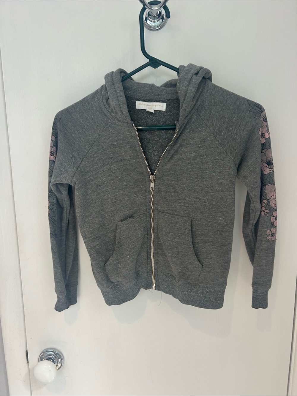 Spiritual Gangster Girls Gray Hooded Zip Hoodie with Pink Floral Sleeve Panels